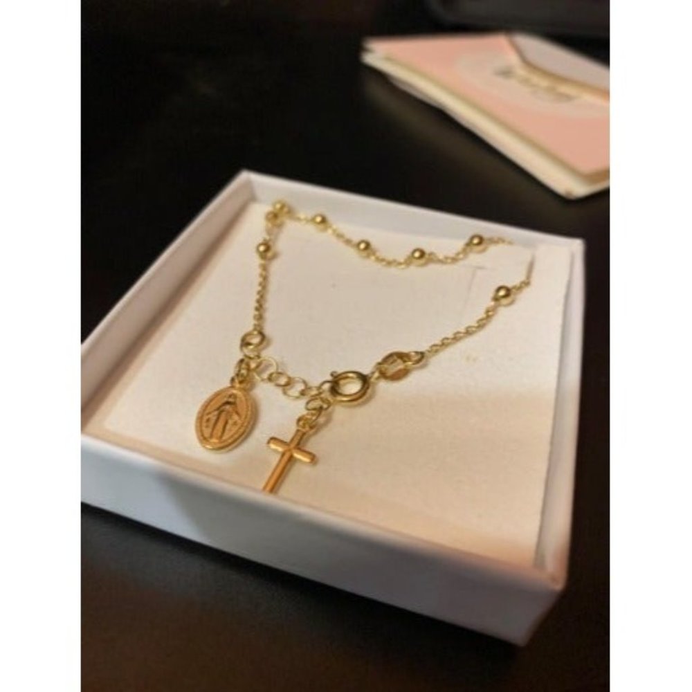 18K Gold Over Sterling Silver Italian Rosary Cross Bead Charm Link Chain